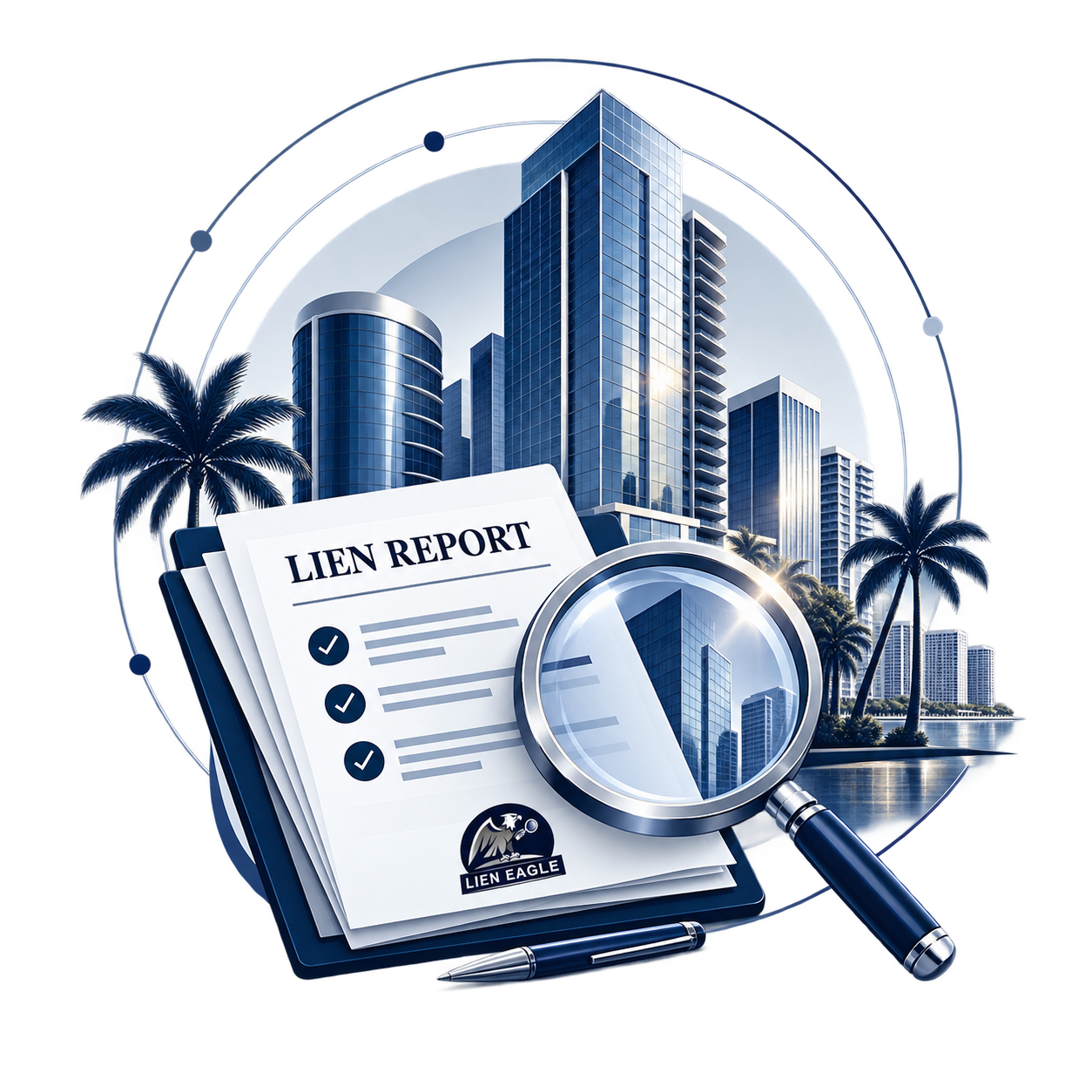 Municipal lien research illustration with buildings, lien report, and magnifying glass